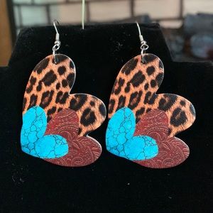 T&M Treasures Leopard/Multi PU Leather Drop 3 Heart Earrings, NEW
